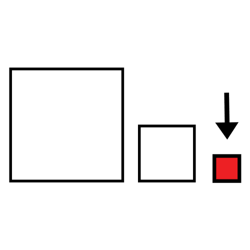 La imagen muestra un cuadrado grande, al lado un cuadrado mediano y a continuación una cuadrado pequeño de color rojo y señalado con una flecha en la parte de arriba