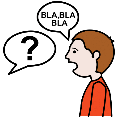 La imagen muestra un niño de perfil con la boca abierta del que sale un bocadillo de cómic donde se escribe bla, bla, bla. Frente al niño hay otro bocadillo de cómic con un signo de interrogación