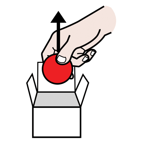 La imagen muestra una mano sacando una bola roja de una caja y una flecha encima indicando hacia arriba