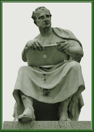 Una escultura de Tito Livio es manipulada para que en lugar de un tableta de cera sostenga un ordenador portátil