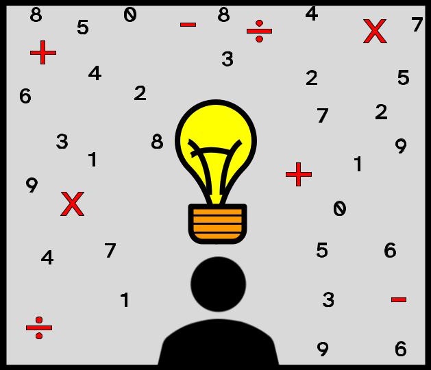 Imagen de una bombilla sobre una figura humana con un fondo gris. De la bombilla salen lo signos de las operaciones de suma, resta, multiplicación y división en color rojo y números de color negro.