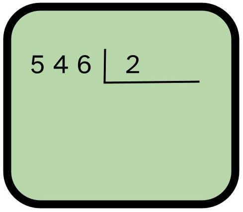 Cuadro con fondo verde y una división en su interior. El dividendo es 546 y el divisor es 2.