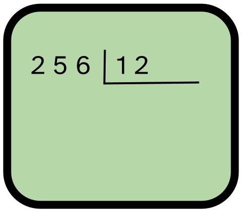 Cuadro con fondo verde y una división en su interior. El dividendo es 256 y el divisor es 12.