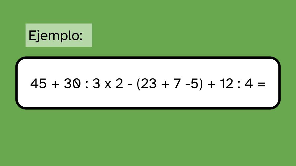 en la imagen, a modo de ejemplo, muestra en un recuadro de borde negro sobre un fondo de color verde el lado izquierdo de una igualdad que debe ser resuelta. Se trata de resolver la siguiente secuencia de operaciones matemáticas: 45 + 30 : 3 x 2 - (23 + 7 -5) + 12 : 4