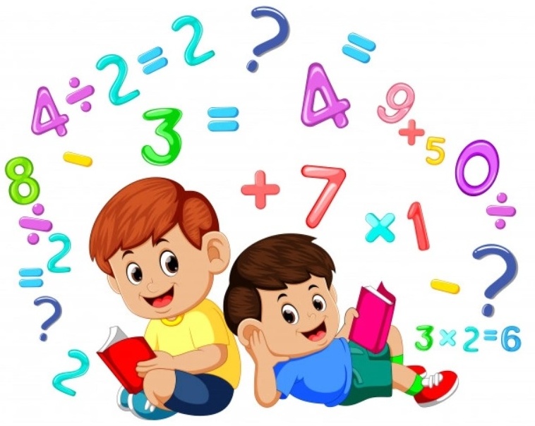 dos niños con un libro en la mano cada uno, piensan rodeados de números y signos de operaciones