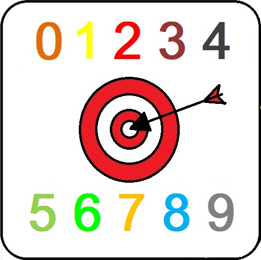Una diana con una flecha en el centro; a su alrededor hay números desde el cero al nueve en diferentes tonos de colo.