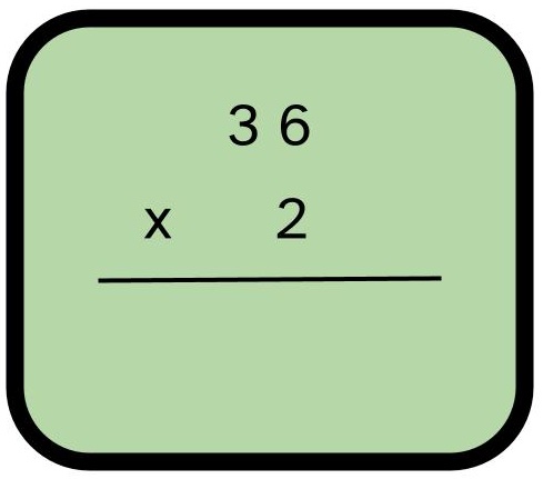 Cuadro con fondo verde y una multiplicación en su interior. El primer factor es 36 y el segundo factor es el 2.