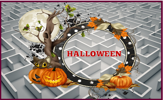 Imagen en la que aparece escrita la palabra Halloween en un marco de cristal transparente decorado con motivos de Halloween alrededor como calabazas, un murciélago, un árbol y una luna llena. En el fondo aparece un laberinto gris.
