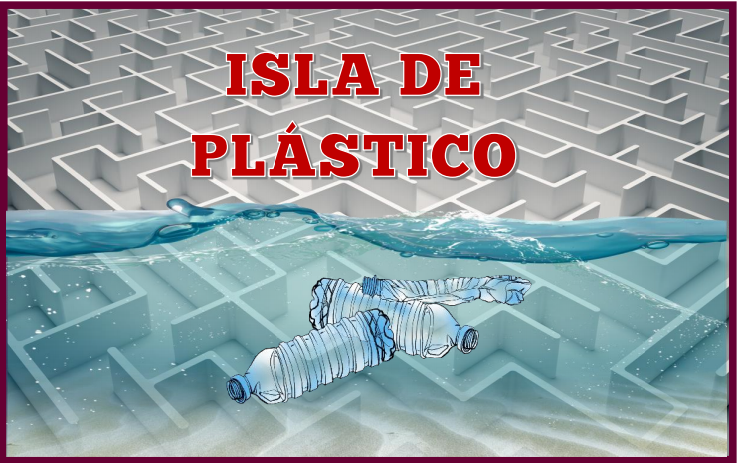 Imagen con tres botellas de plástico flotando en un mar transparente y de fondo aparece un laberinto gris. Encima del mar aparece el título Isla de plástico.