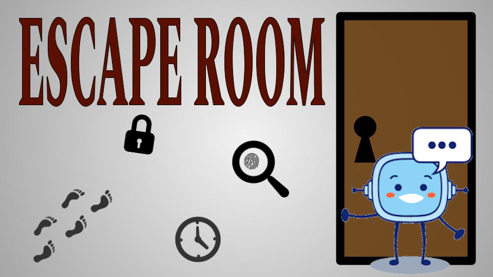 Retor aparece con un bocadillo de texto sobre un fondo en el que aparece una puerta cerrada, las palabras ESCAPE ROOM e iconos relacionados con ese juego, es decir, huellas, una lupa y un candado.