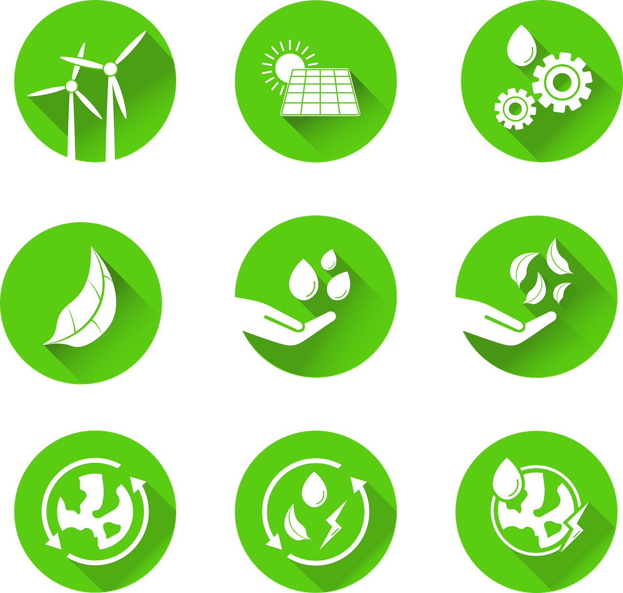 Imagen de nueve pequeños iconos relacionados con el cuidado del medio ambiente de color verde. Cada uno de los iconos están dentro de un círculo.