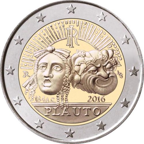 Moneda conmemorativa de Plauto con dos máscaras teatrales romanas