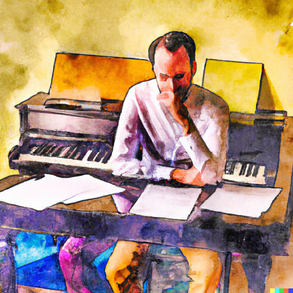 Compositor decidiendo. Compositor delante de unas partituras, tomando decisiones musicales.
