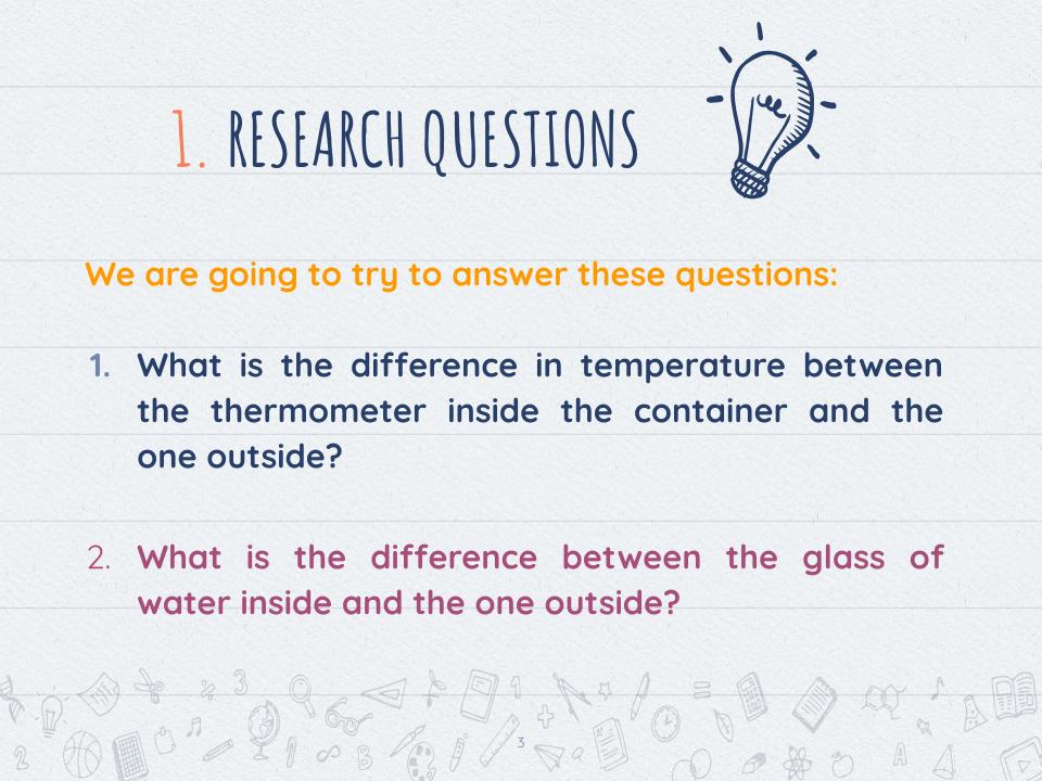 Aparece el texto: research questions and differences between thermometer inside a glass of water inside and outside a transparent container
