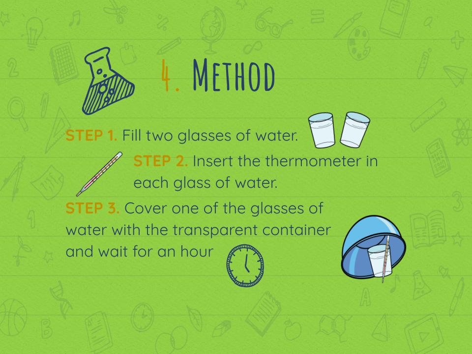 Aparece el texto: Method. Fill two glasses of water. Insert the thermometers in each glass. Cover one of the glasses with the container