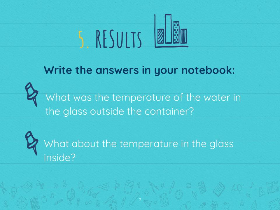 Aparece el texto: Results. Write the answers. What was the temperatures inside and outside the transparent container?