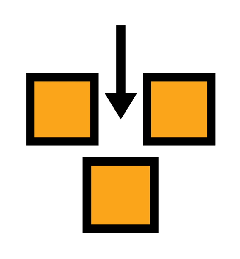 Flecha indicando posición entre tres cajas de color naranja con filo negro