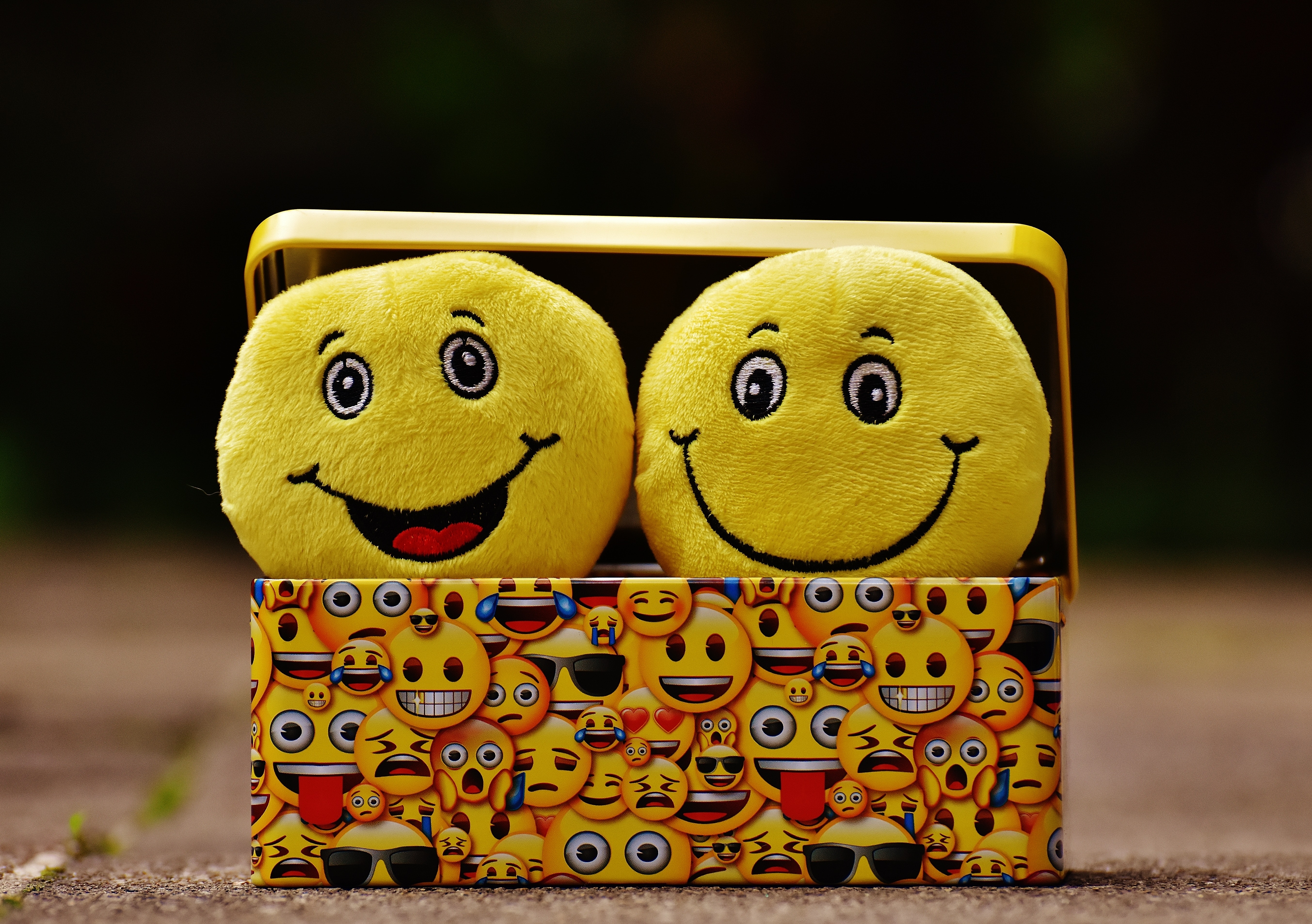Foto de dos Emoji alegres amarillos de peluche en una caja de metal.