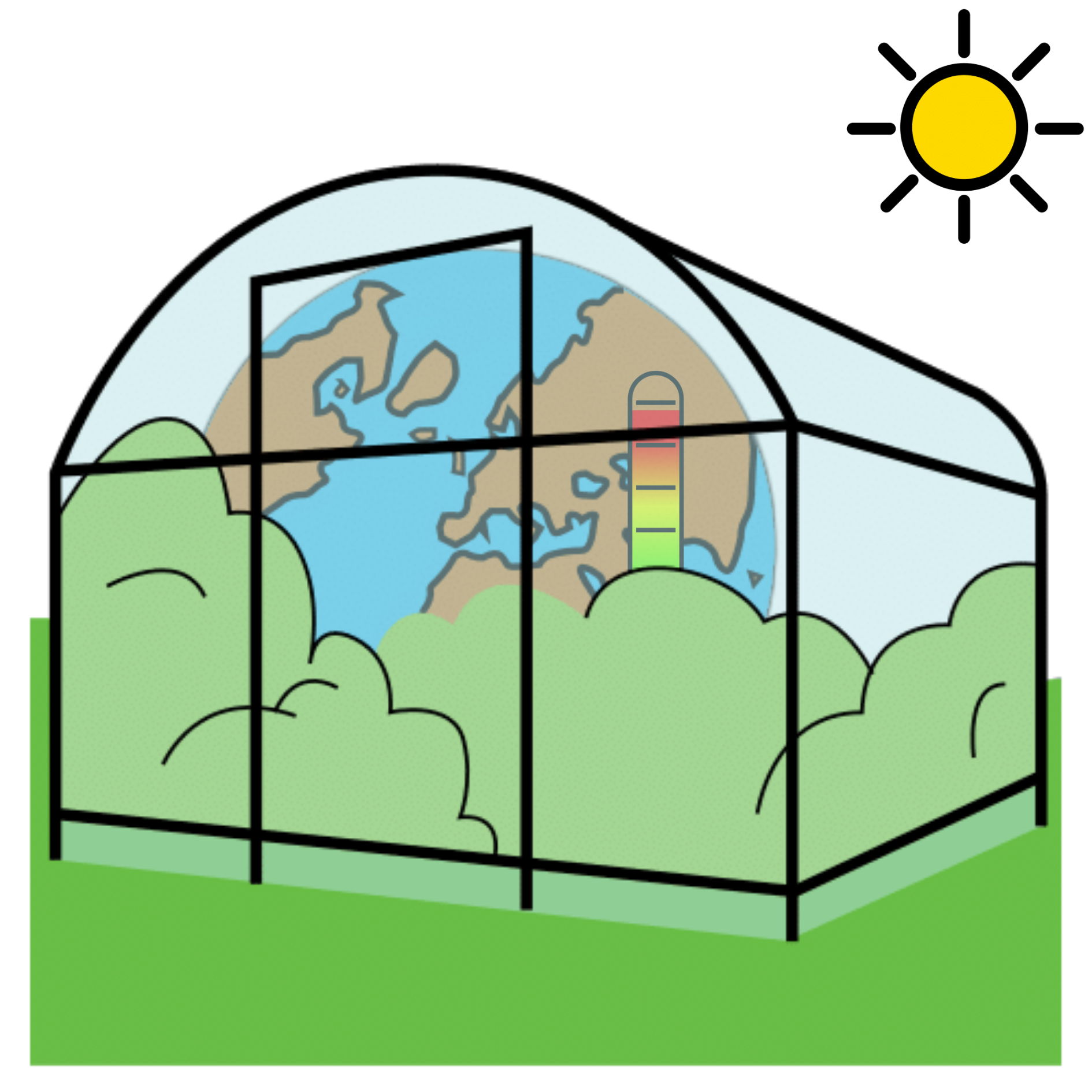 Dibujo de un invernadero con el planeta Tierra dentro y un termómetro en rojo que representa el calentamiento del planeta por el efecto invernadero