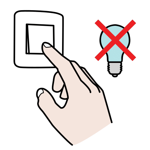 Dibujo de una mano pulsando un interruptor y una bombilla con un aspa roja en señal de apagar
