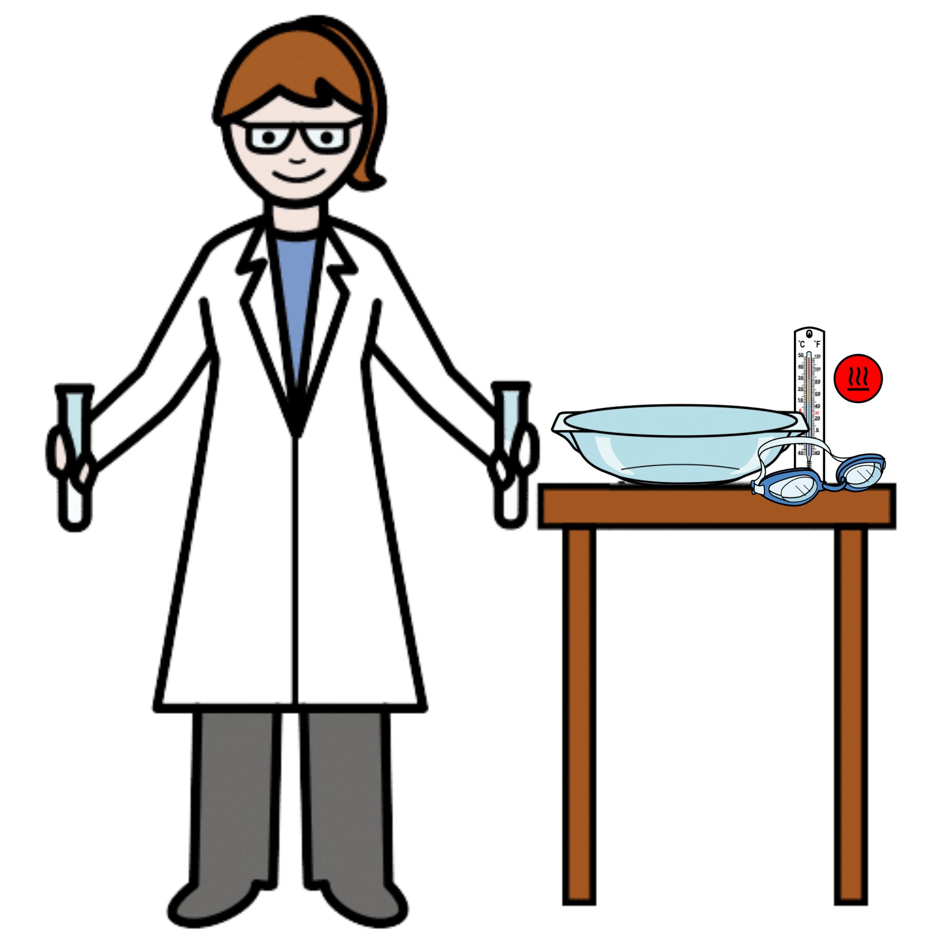 Dibujo de una científica con bata y una mesa en la que hay tres objetos para hacer un experimento: un termómetro, una fuente de cristal y unas gafas de agua