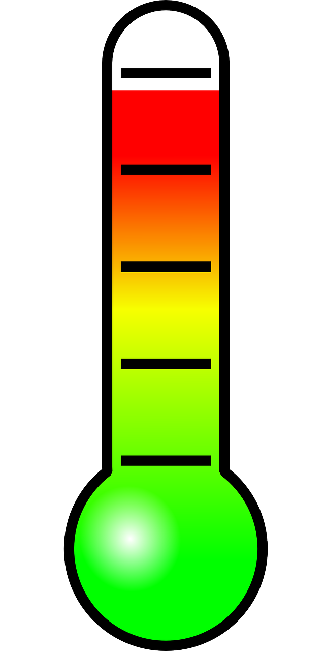 Imagen de un termómetro con diferentes colores asociados a la temperatura baja, media y alta