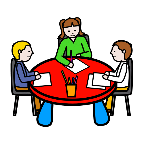 Dibujo de varias personas sentadas en una mesa trabajando en grupo