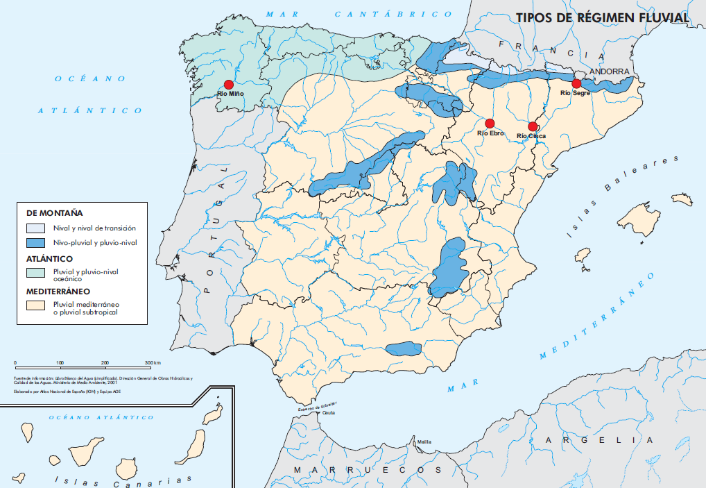 Mapa regímenes fluviales en España
