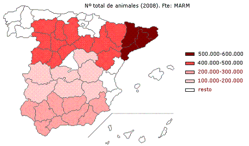 Mapa cabezas ganado porcino en España 2008