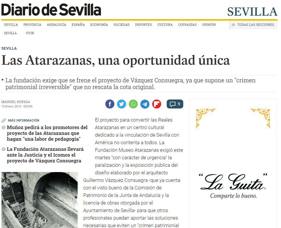 Captura de pantalla artículo sobre las Atarazanas Reales en el Diario de Sevilla