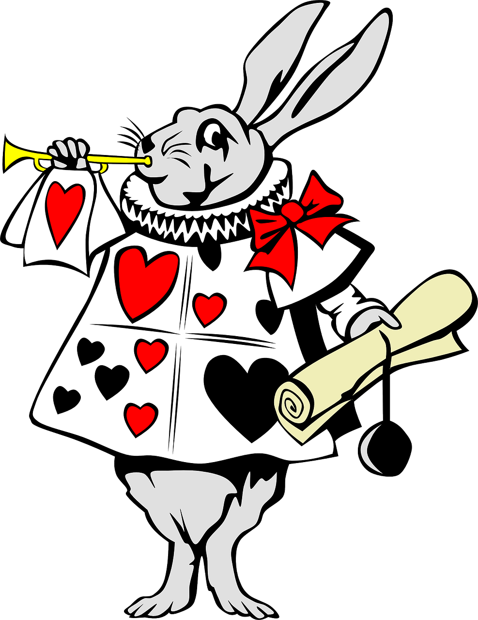 Imagen que muestra un conejo tocando una trompeta con un vestido de corazones y un pergamino en la mano.
