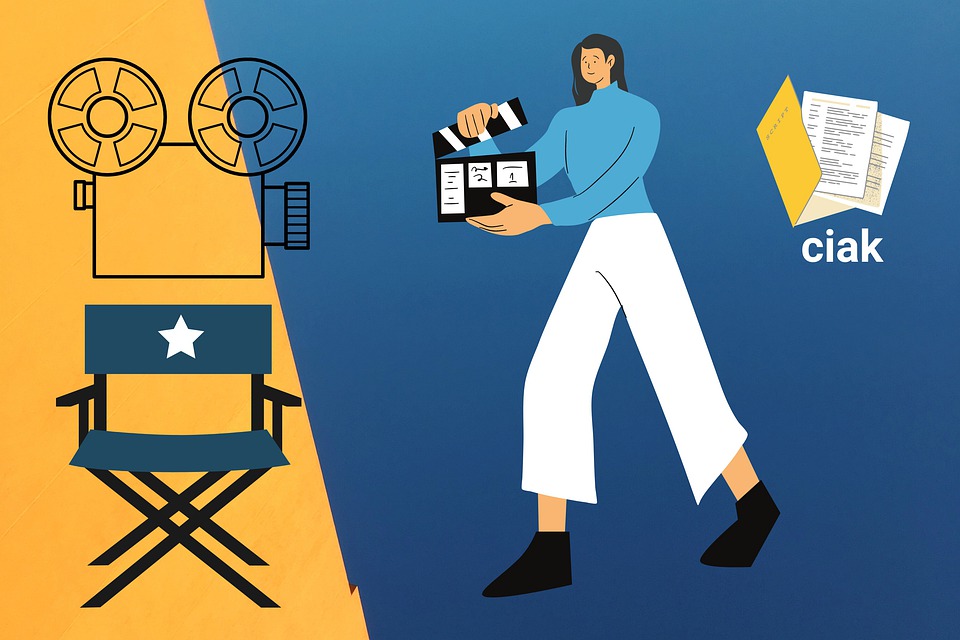Imagen que muestra una cámara, una silla de  director de cine y una persona con una claqueta en la mano en un rodaje. 