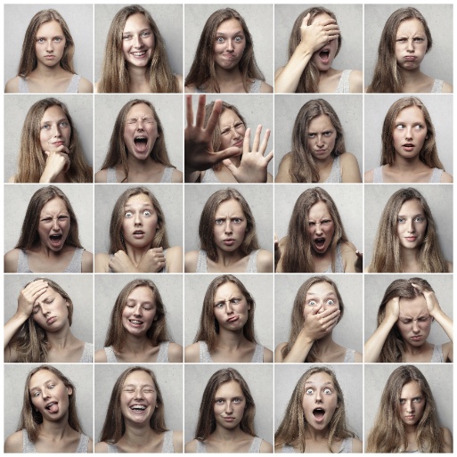 Collage de fotos de mujer mostrando distintas emociones.