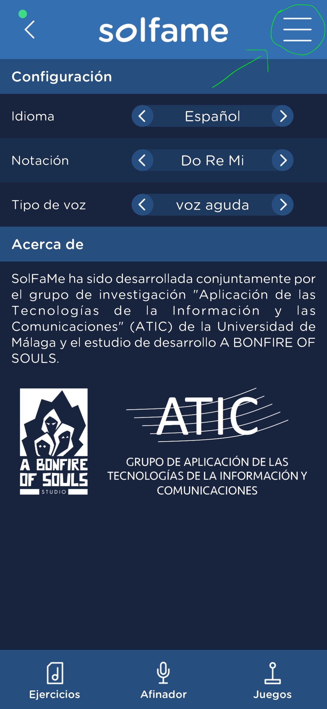 Configuración de la App SolFaMe.
