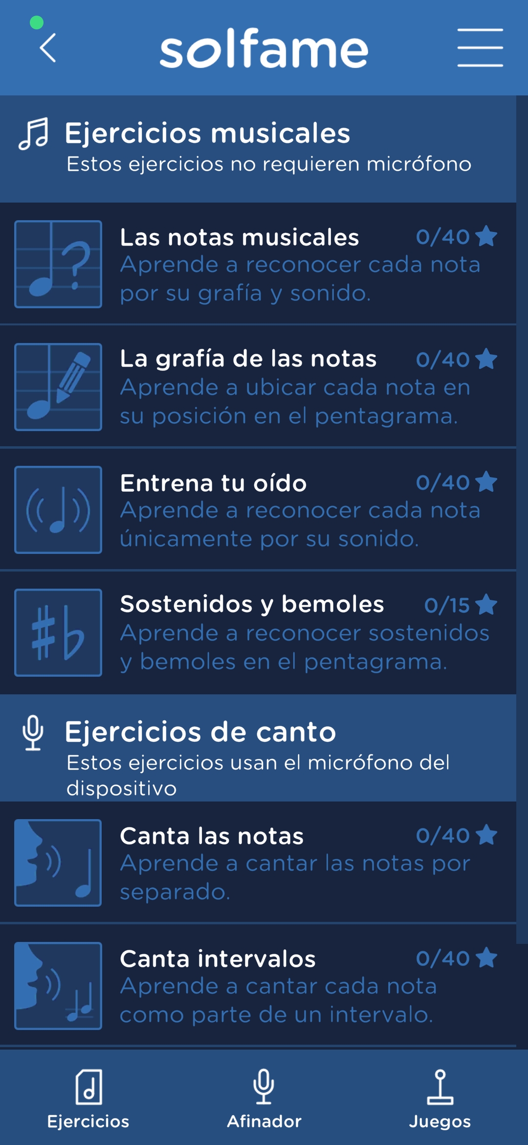 Menú de ejercicios Musicales en SolFaMe.