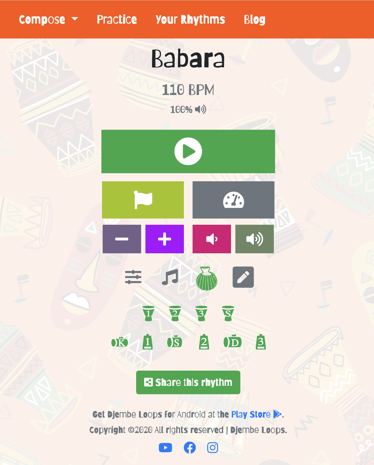 Imagen de la plataforma djembeloops.com. Imagen de la plataforma djembeloops.com donde aparece la interfaz del ritmo Babara a 110 ppm y todos los instrumentos de percusión seleccionados en verde.