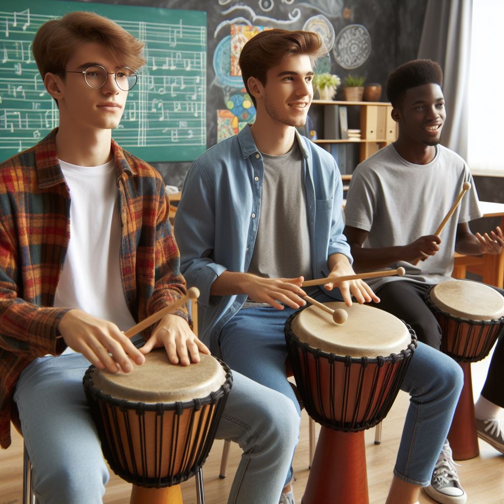 Alumnos con percusión africana. Alumnos de un instituto tocando percusión africana en un aula de música en la que al fondo aparece una pizarra y estanterías.