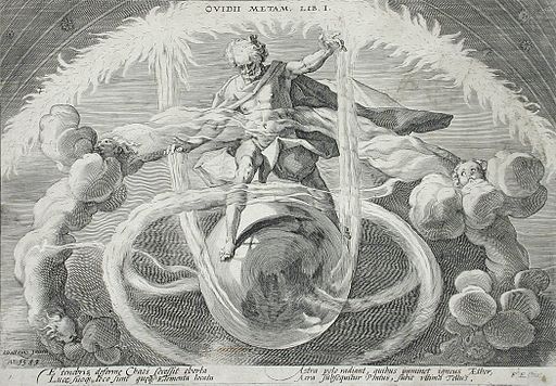 Caos, con la apariencia de un anciano, agita el torbellino del desorden para dar origen al aire, al agua, el fuego y la tierra