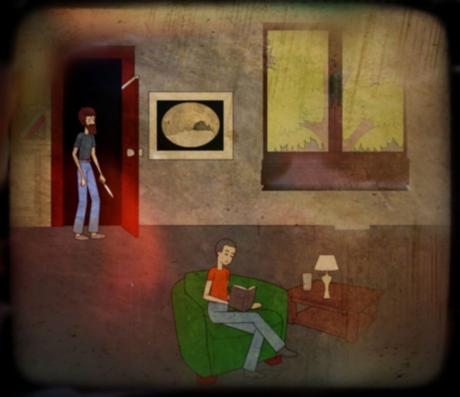 Cómic hombre sentado sillón y hombre con un cuchillo en la puerta.