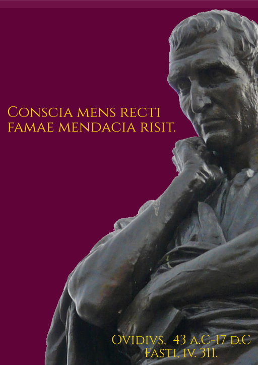 Montaje con un verso de Ovidio (conscia mens recti famae mendacia risit) que acompaña a su escultura pensativa