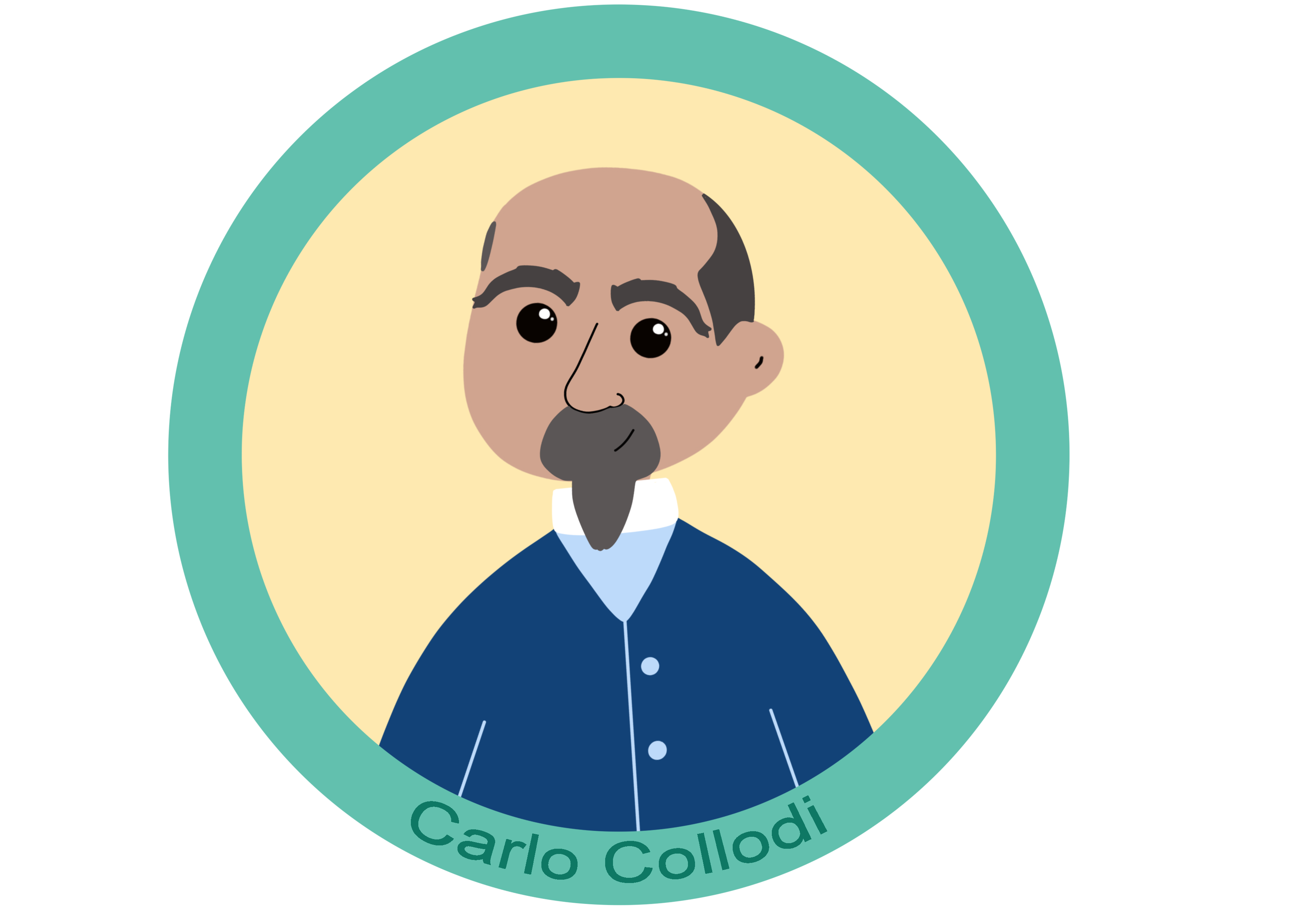 Ilustración de un hombre mayor dentro de un círculo con fondo amarillo y contorno verde con el texto Carlo Collidi