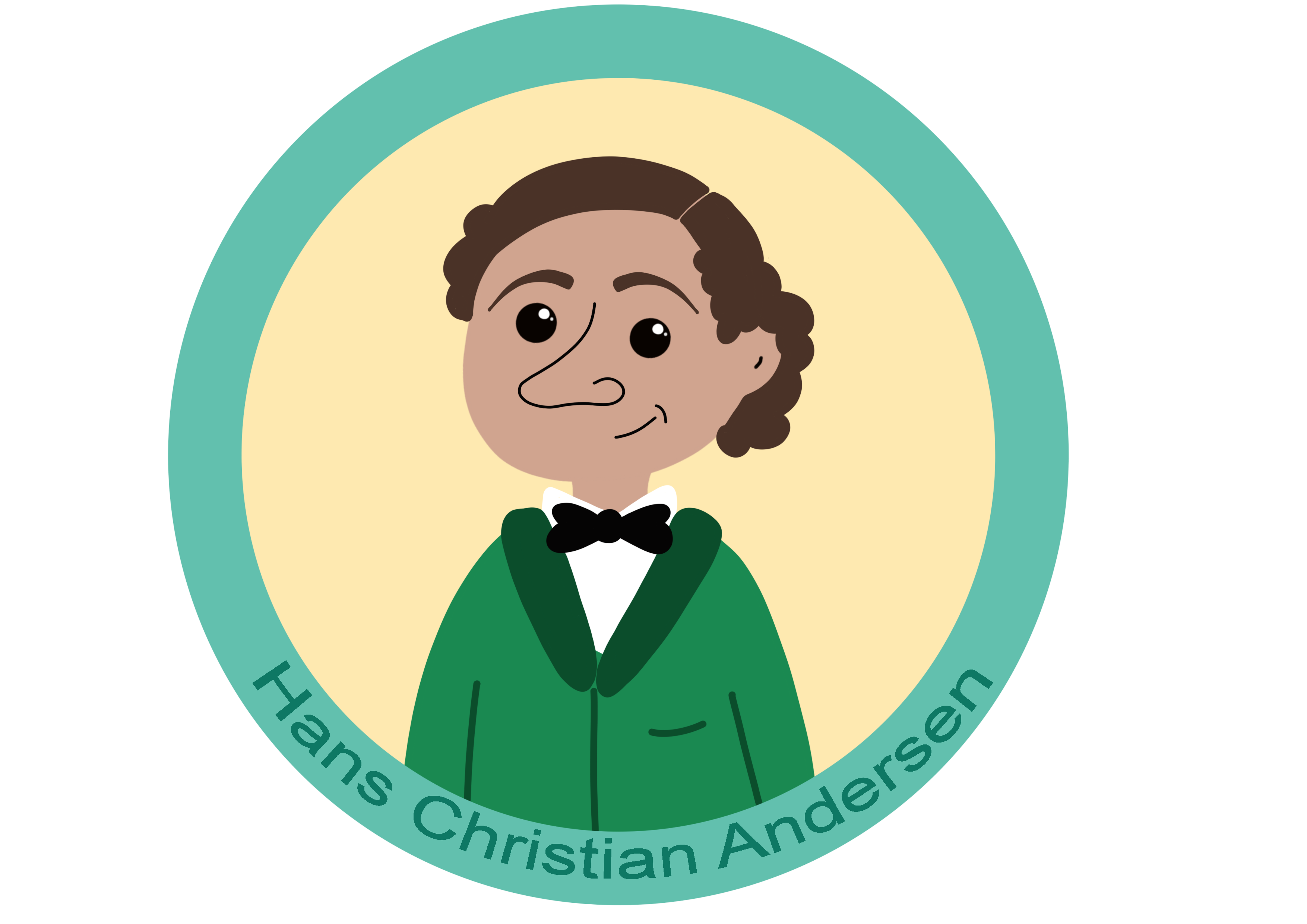 Ilustración de un hombre joven dentro de un círculo con fondo amarillo y contorno verde con el texto Hans Christian Andersen
