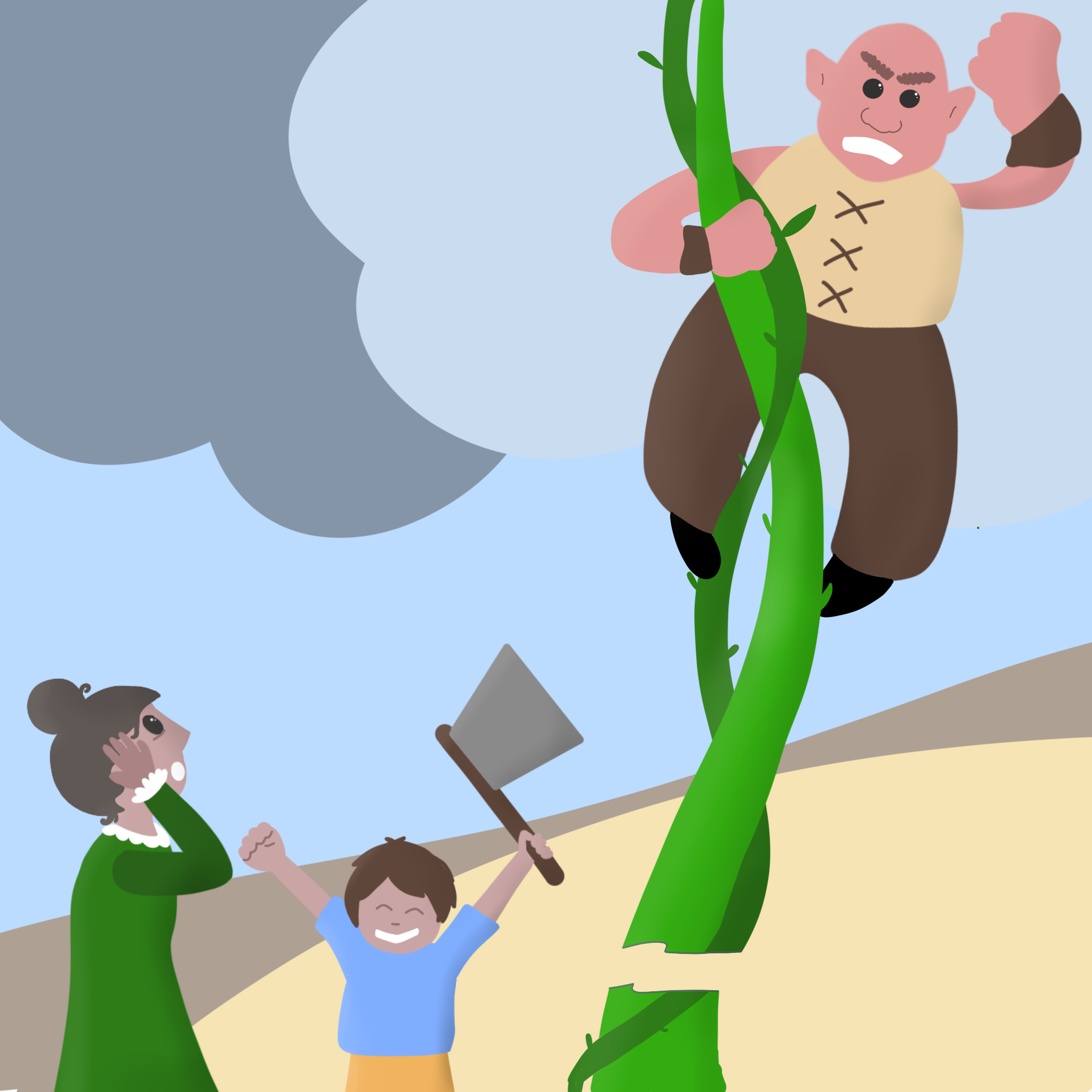 Ilustración del cuento Juan y las habichuelas mágicas donde se ve a Juan, su madre y el gigante.