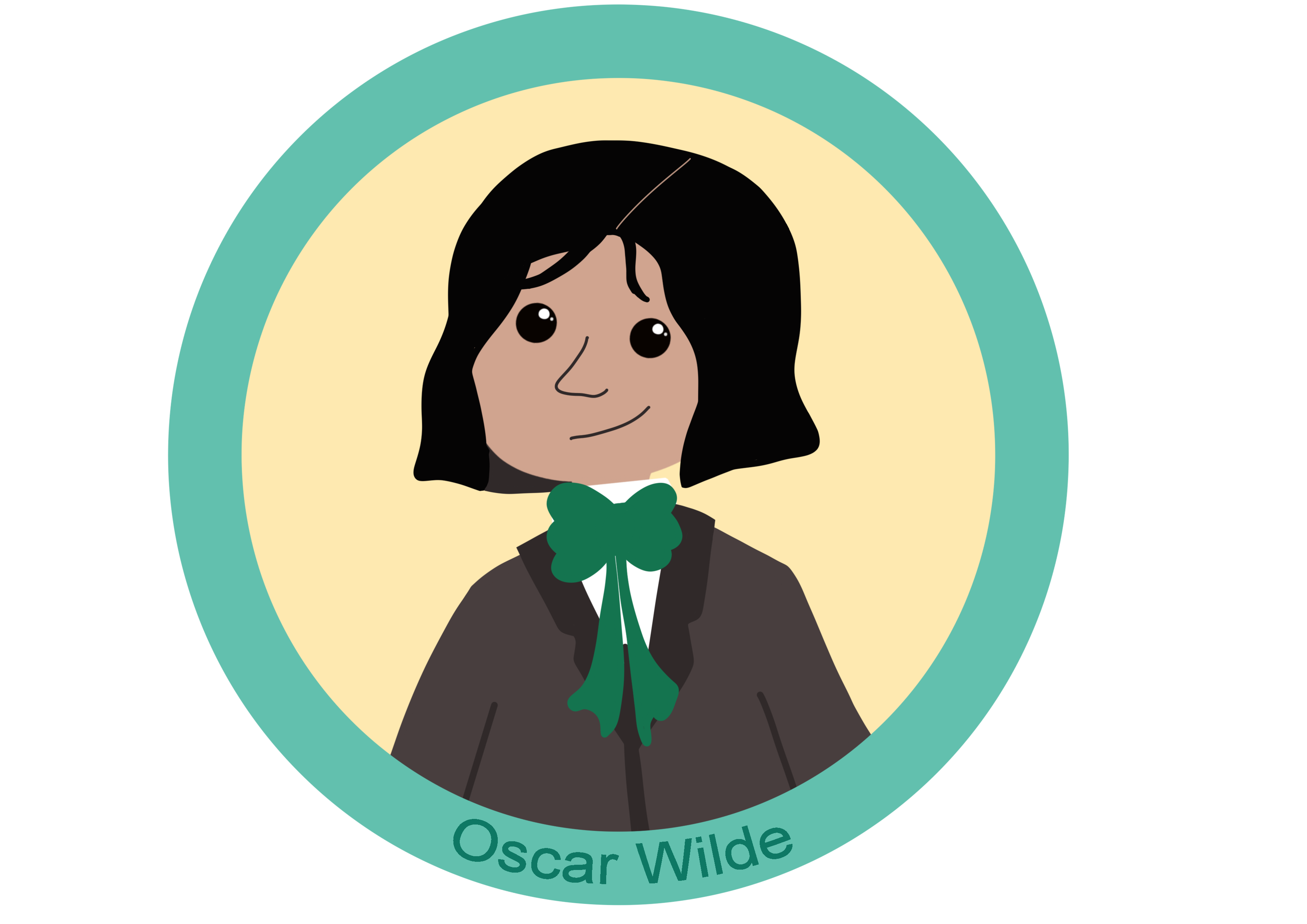 Ilustración de un hombre con pelo largo y traje del siglo diecinueve, dentro de un círculo con fondo amarillo y contorno verde con el texto Oscar Wilde