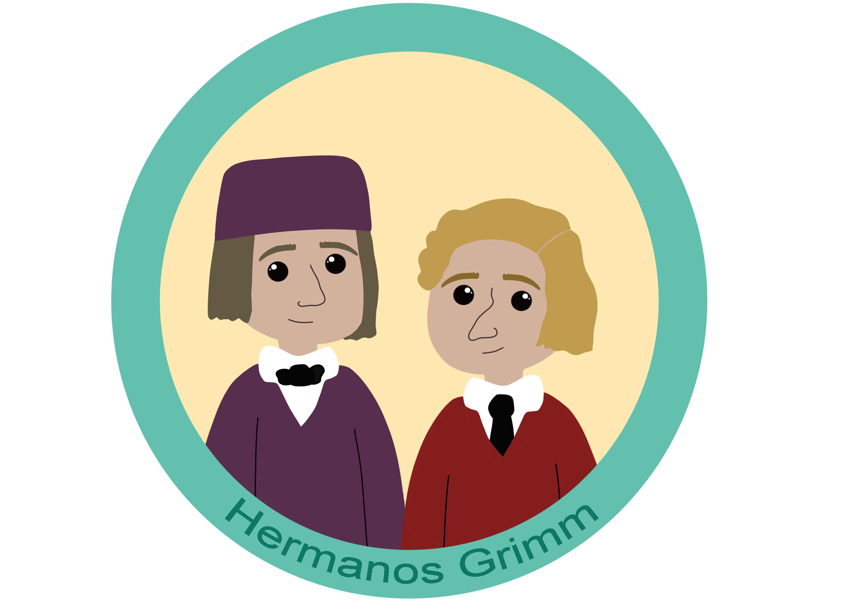 Ilustración de dos hombres jóvenes dentro de un círculo con fondo amarillo y contorno verde con el texto Hermanos Grimm