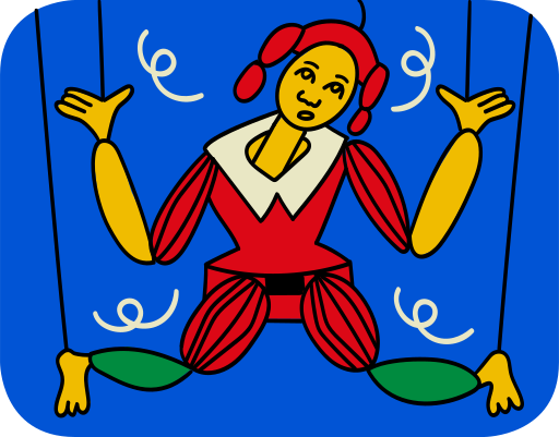 Dibujo de una marioneta de madera con traje rojo.
