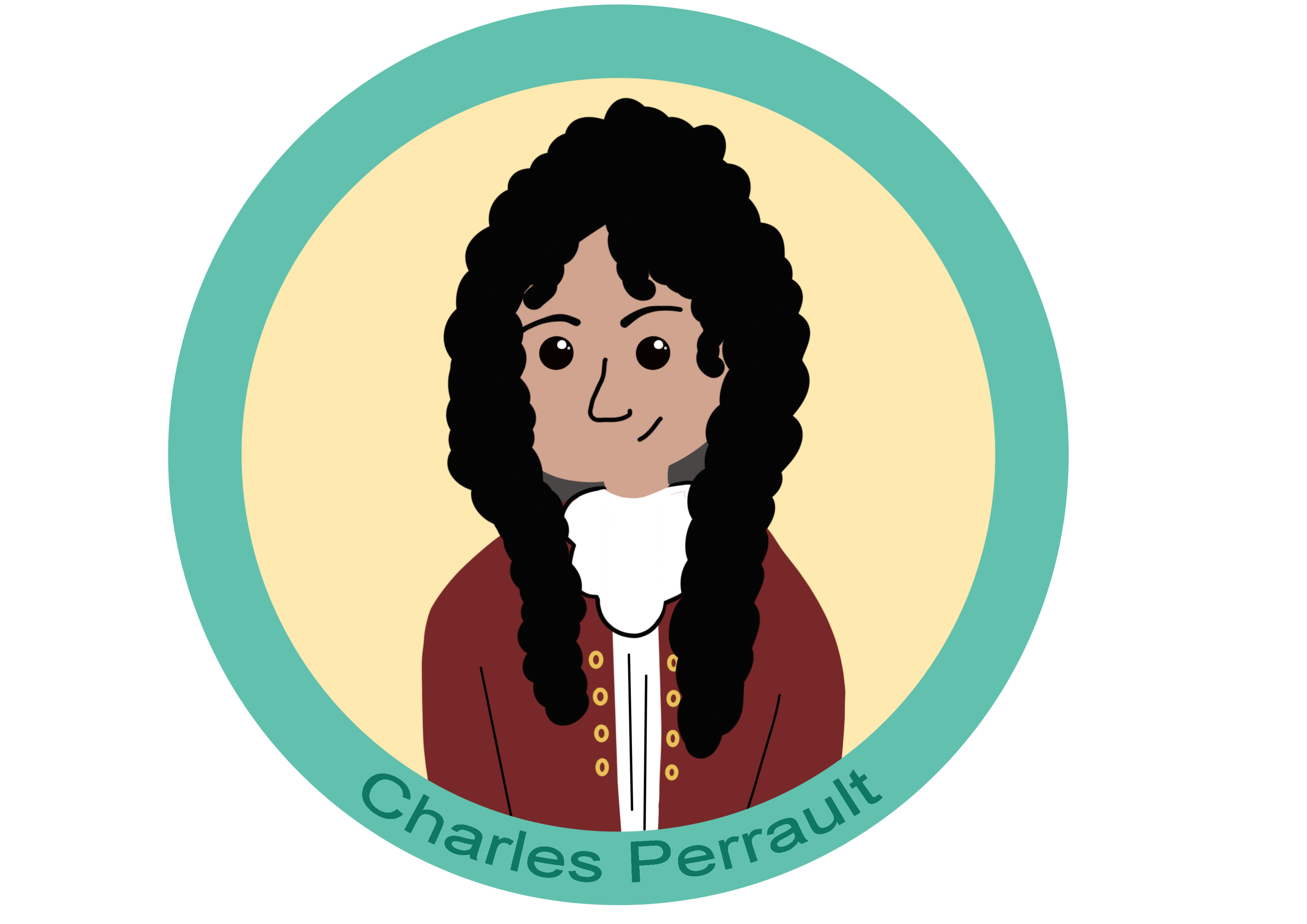 Ilustración de un hombre con el pelo largo y rizado dentro de un círculo con fondo amarillo y contorno verde con el texto Charles Perrault
