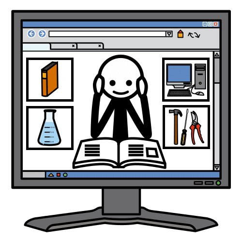 Un ordenador con la imagen de una persona trabajando con un libro delante y cuatro imágenes alrededor de unas herramientas, una probeta, un libro y un ordenador.