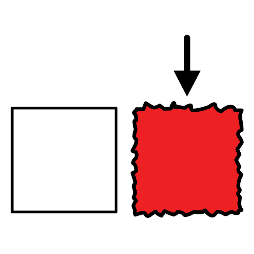 Dos cuadrados uno blanco con filo negro y otro rojo con filo irregular negro, con una flecha señalándolo.