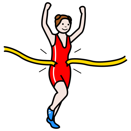 Una mujer vestida con ropa de deporte roja, corriendo y rompiendo la cinta de meta.